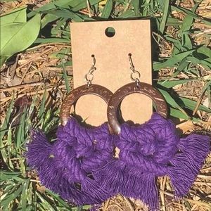 Handmade wooden purple macrame earrings